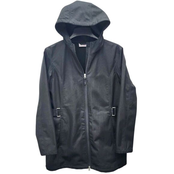 Free Tech Hooded Jacket Womens L 12-14 Black Full Zip Water Resistant Waist Tabs - Picture 2 of 15
